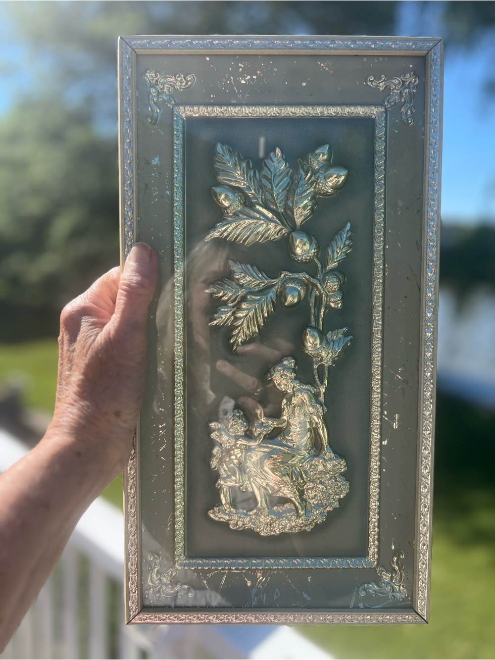 Metalcraft Framed Decorative Relief Wall Art in Metallic Gold and Sage Green